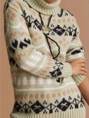 Anthropologie Green Fair Isle Turtleneck Sweater with Black & Tan Accents
